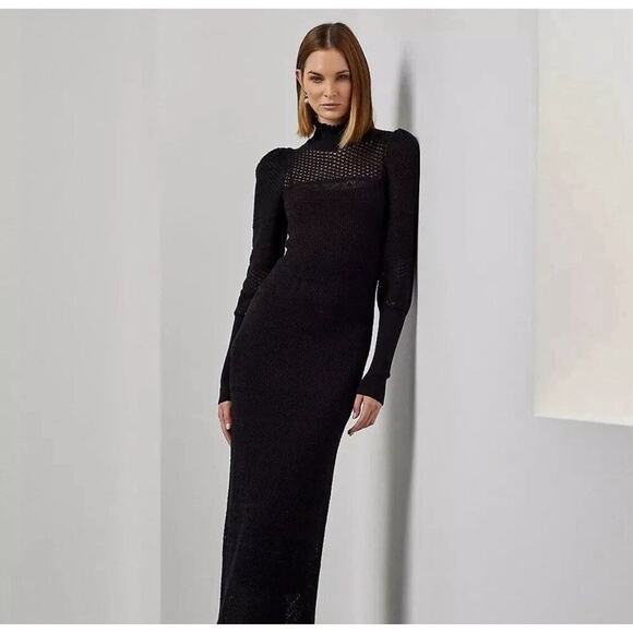 Ralph Lauren Collection Midi Dress Lace Puff Black Sweater Cashmere Silk L 12 14 - Picture 4 of 6